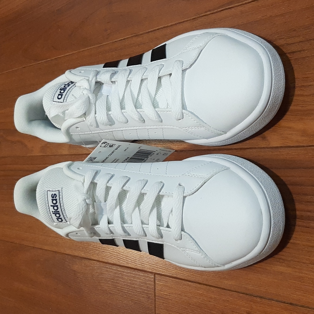 New, white with black stripes, Adidas Court sneakers